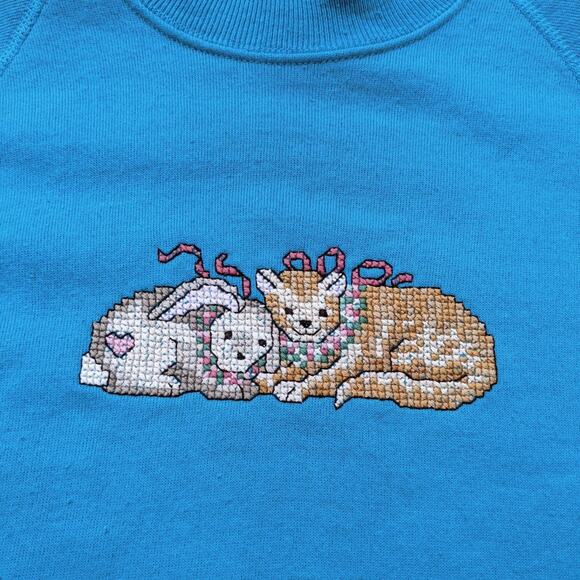 Vintage 90s Grandma Sweater Sweatshirt Kitten Bunny Sweatshirt - Size XL - Picture 2 of 4